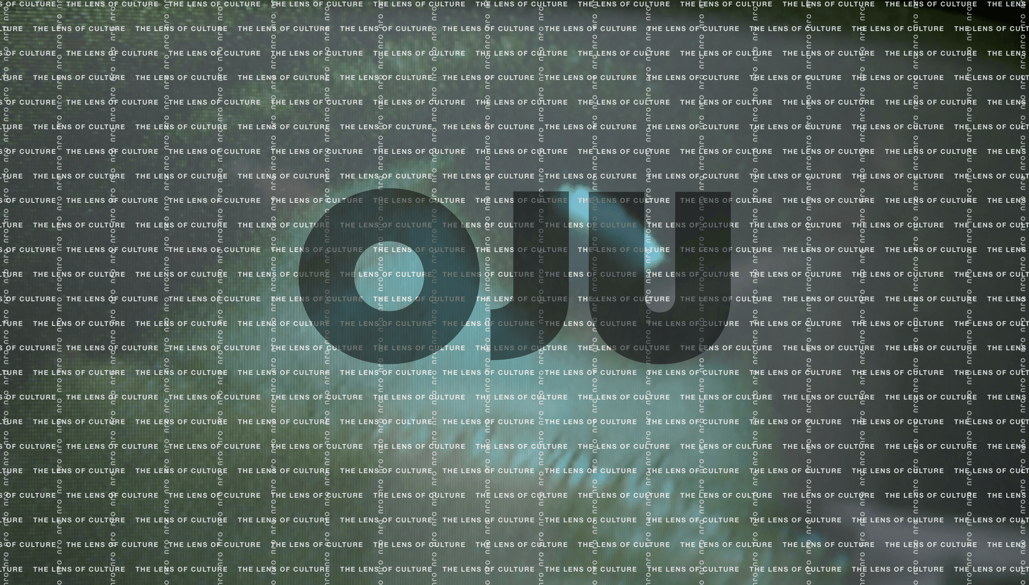 OJU screen with the wordmark over video, overlaid by a repeating grid of the phrase “The Lens of Culture”.