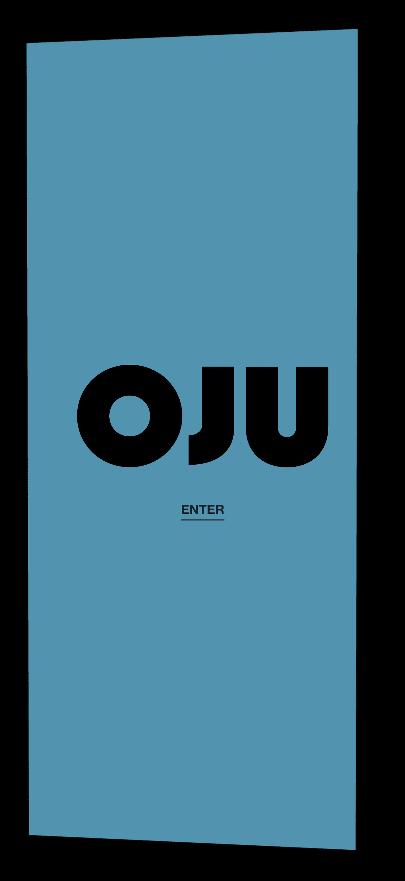 The skewed slate-blue entry panel with the OJU wordmark and ENTER link, on a phone.