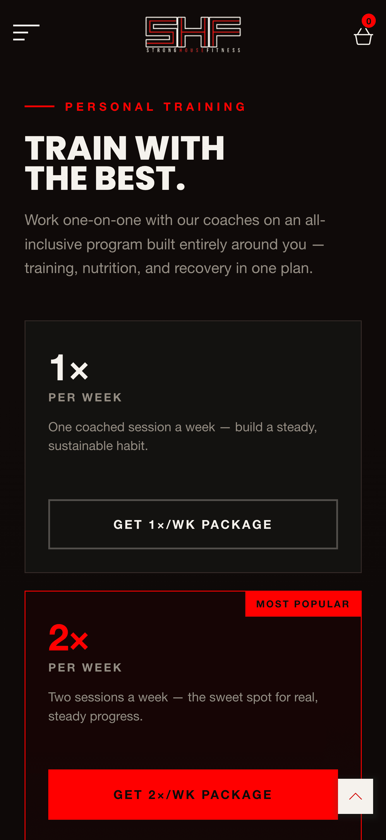 Strong House Fitness personal training packages displayed on mobile.