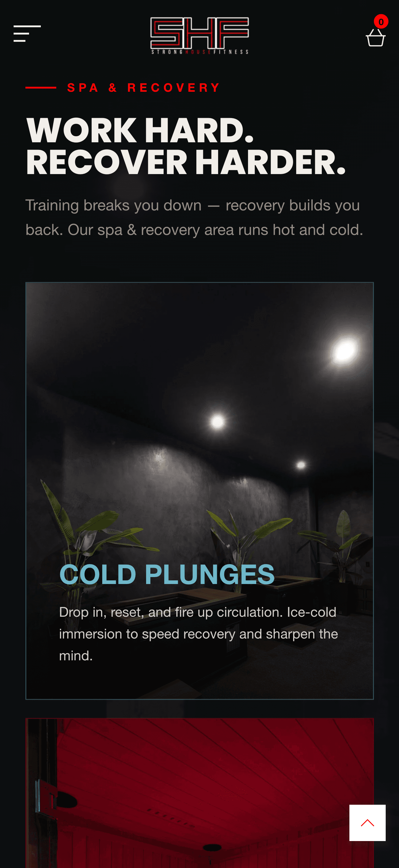 Strong House Fitness spa and recovery page displayed on mobile.