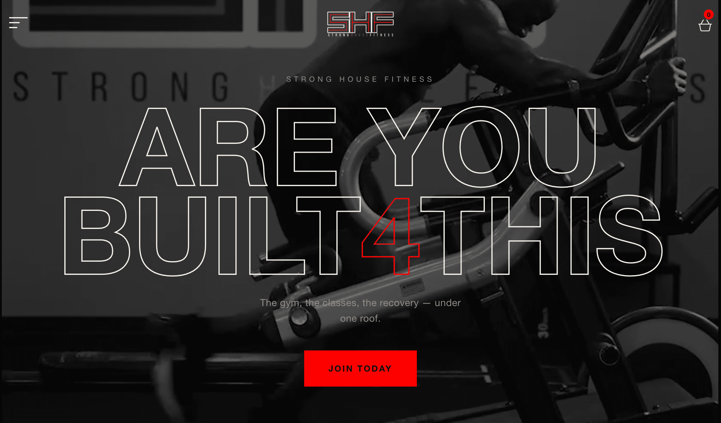 Strong House Fitness homepage with photography of the training floor and a Join Today call to action.