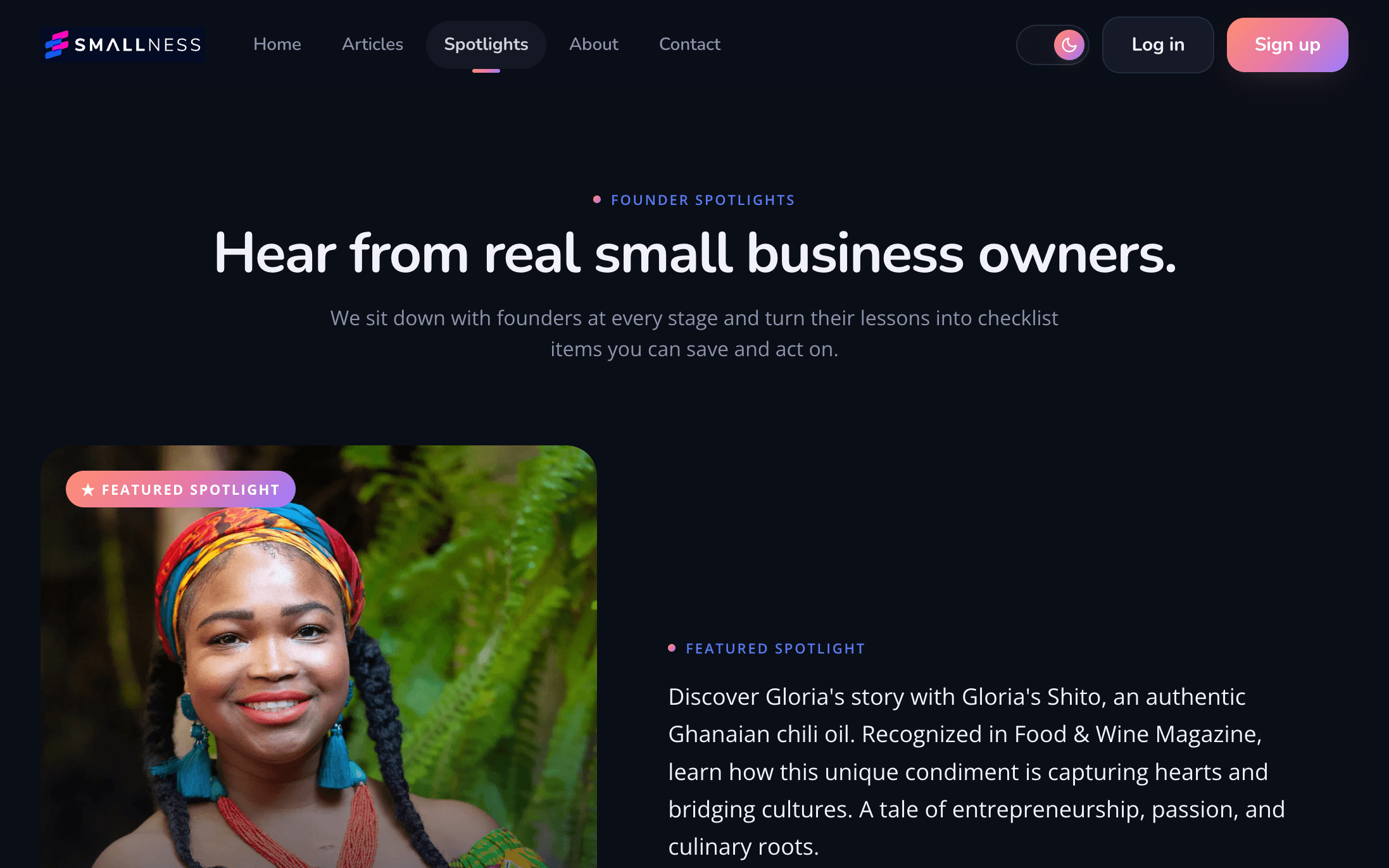 Founder Spotlights on the web: “Hear from real small business owners,” with a featured spotlight interview.